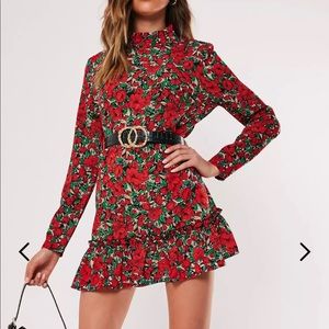 Tall Red Floral High Neck Drop Waist Smock Dress